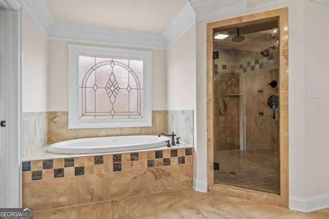 bathroom featuring crown molding and shower with separate bathtub