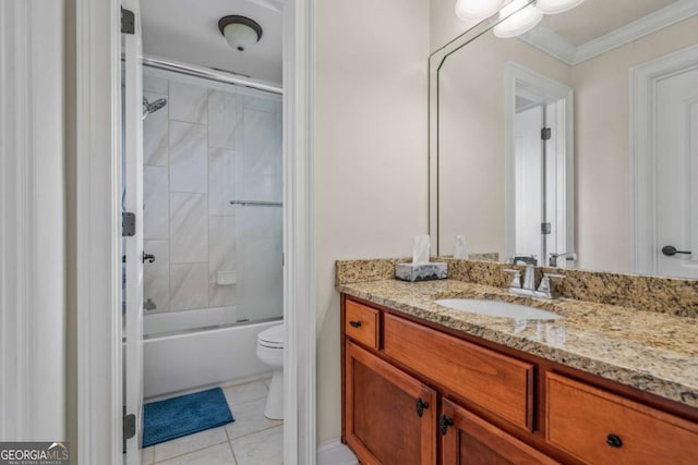 full bathroom featuring tile patterned floors, toilet, crown molding, shower / bath combination with glass door, and vanity