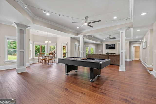 playroom featuring crown molding, ceiling fan, hardwood / wood-style floors, and ornate columns