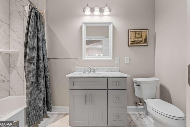 full bathroom featuring vanity, shower / tub combo, and toilet