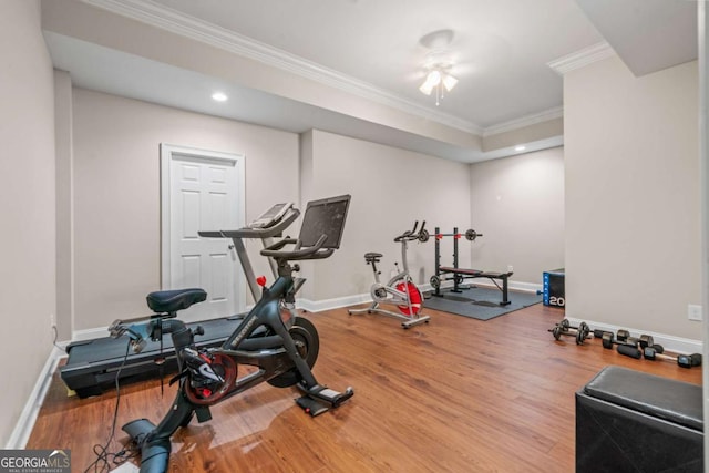 workout area with ornamental molding and hardwood / wood-style floors