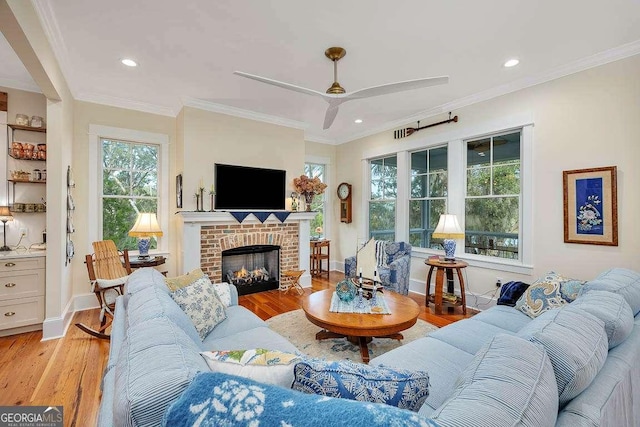 living room with ceiling fan, ornamental molding, a fireplace, and light hardwood / wood-style flooring