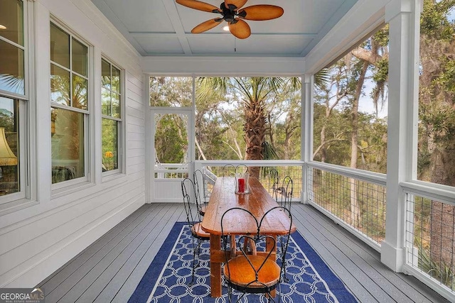 sunroom / solarium with ceiling fan, a healthy amount of sunlight, and coffered ceiling