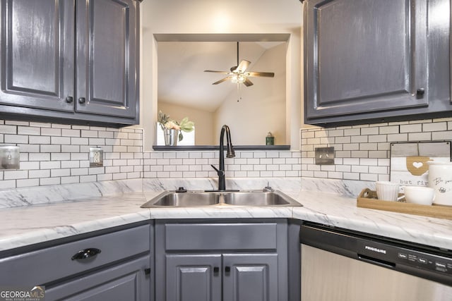 kitchen featuring stainless steel dishwasher, lofted ceiling, gray cabinets, backsplash, and sink