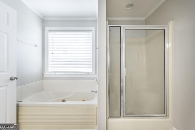 bathroom with ornamental molding and separate shower and tub