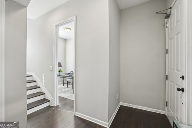 home office featuring dark hardwood / wood-style flooring