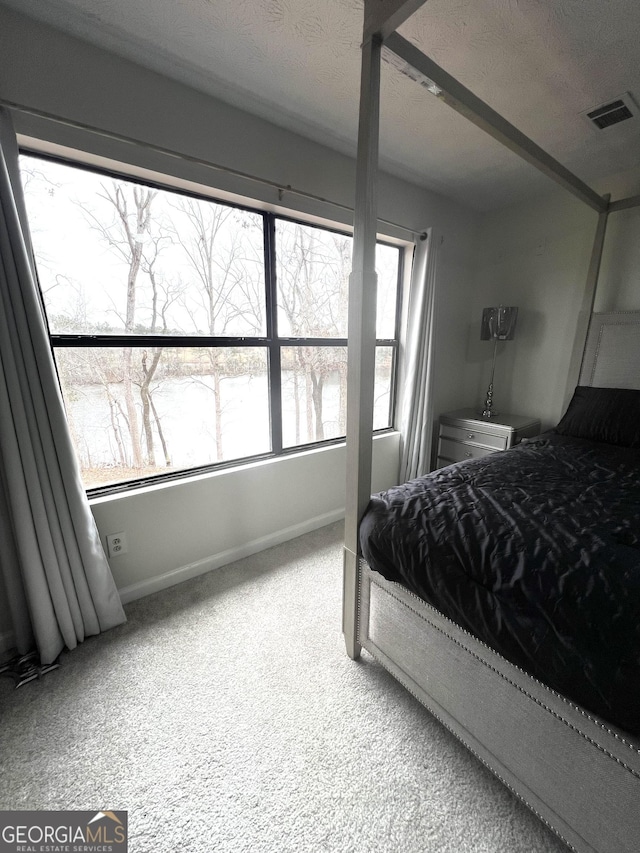 bedroom with carpet, a textured ceiling, and a water view