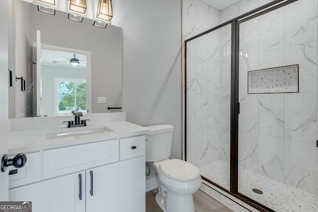 bathroom with toilet, vanity, ceiling fan, and walk in shower