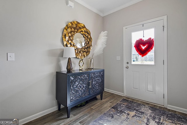 entryway with dark hardwood / wood-style flooring and crown molding