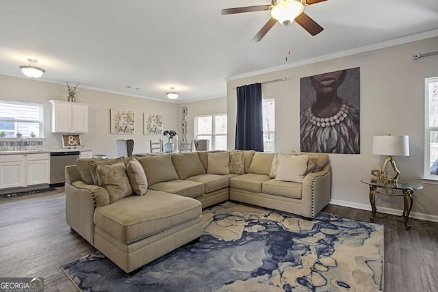 living room with ornamental molding, ceiling fan, hardwood / wood-style floors, and sink