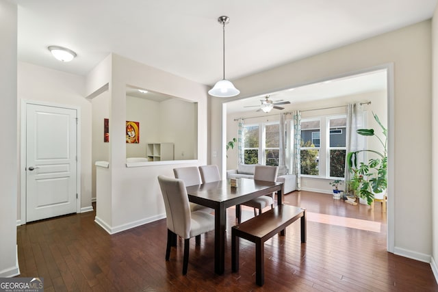 dining room with ceiling fan and dark hardwood / wood-style floors