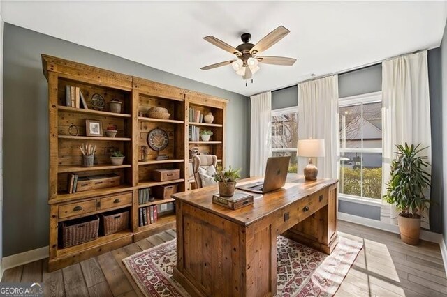 living room featuring ceiling fan and hardwood / wood-style floors