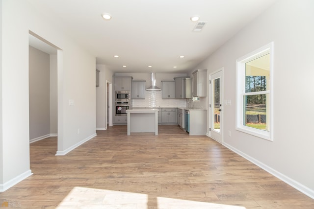 kitchen with decorative backsplash, gray cabinets, a kitchen island, wall chimney range hood, and appliances with stainless steel finishes