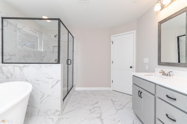 bathroom with shower with separate bathtub and vanity