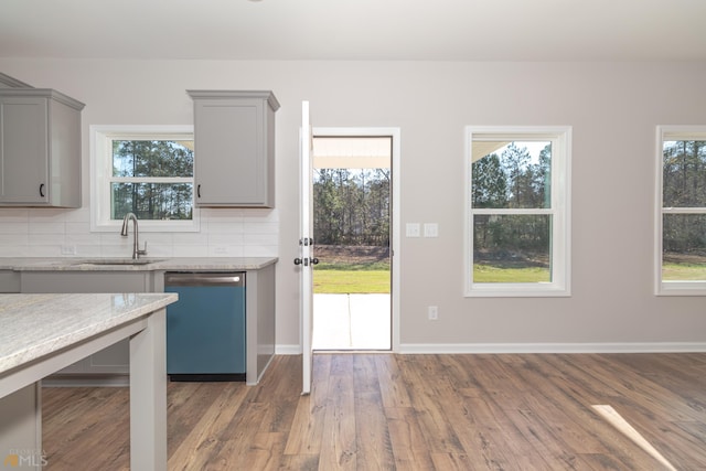 kitchen featuring gray cabinets, hardwood / wood-style flooring, sink, stainless steel dishwasher, and tasteful backsplash