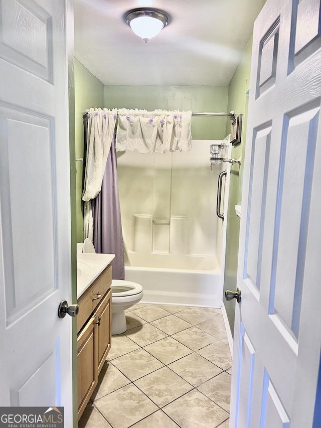 full bathroom with toilet, tile patterned flooring, shower / bathtub combination with curtain, and vanity