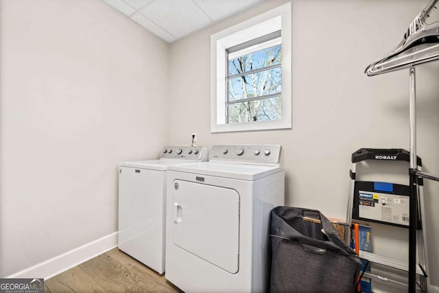 clothes washing area featuring washer and dryer and light wood-type flooring