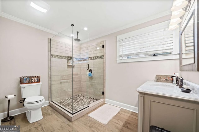 bathroom with an enclosed shower, hardwood / wood-style flooring, and crown molding