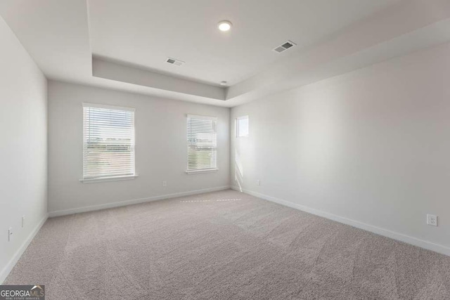 carpeted empty room featuring a raised ceiling