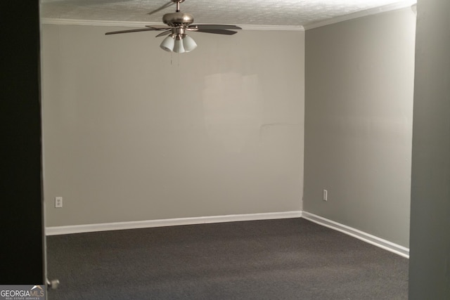 carpeted empty room with ornamental molding, a textured ceiling, and ceiling fan