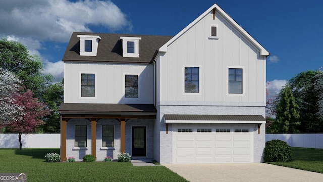 modern farmhouse with a porch, a front yard, and a garage