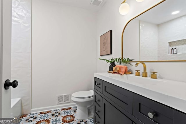 full bathroom featuring toilet, tile patterned flooring, tub / shower combination, and vanity