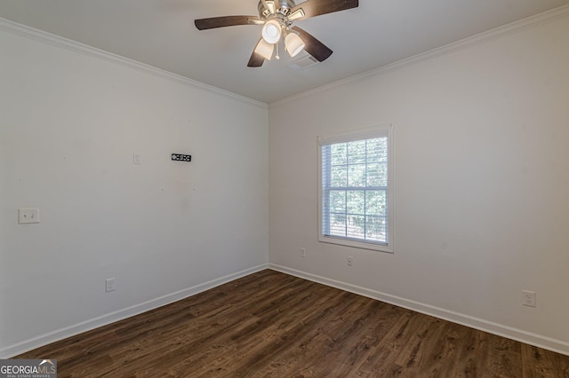 spare room featuring ceiling fan, crown molding, and dark hardwood / wood-style floors