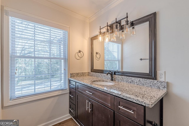 bathroom with crown molding and vanity