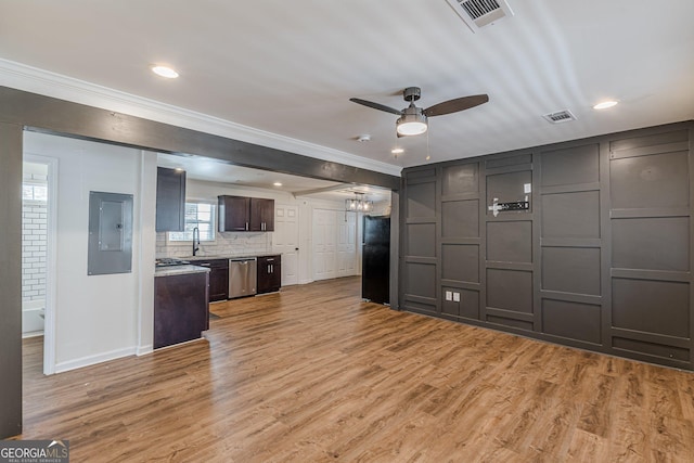 kitchen featuring black refrigerator, light hardwood / wood-style floors, ceiling fan, dark brown cabinetry, and stainless steel dishwasher