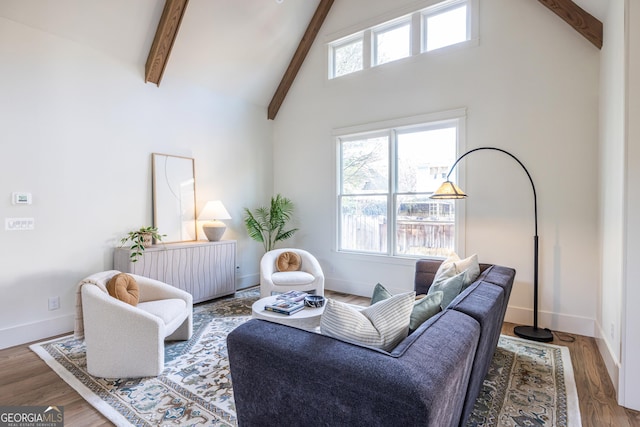 living room featuring high vaulted ceiling, wood-type flooring, and beamed ceiling