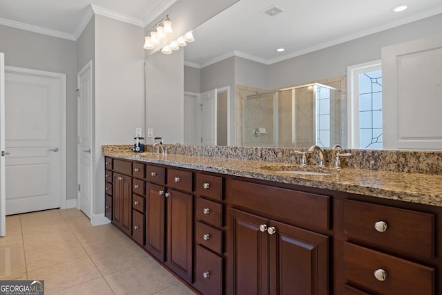 bathroom featuring an enclosed shower, tile patterned flooring, ornamental molding, and vanity