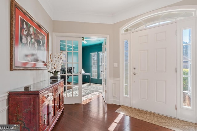 foyer entrance with ornamental molding and dark hardwood / wood-style floors