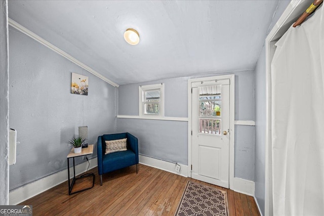 living area with wood-type flooring and vaulted ceiling