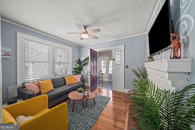 living room with ceiling fan, dark hardwood / wood-style flooring, crown molding, and a textured ceiling