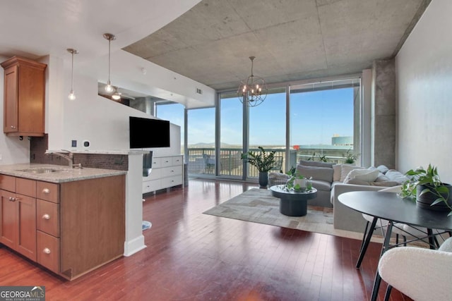 living room with sink, dark hardwood / wood-style flooring, an inviting chandelier, and floor to ceiling windows