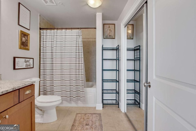 full bathroom featuring toilet, shower / tub combo, tile patterned floors, and vanity