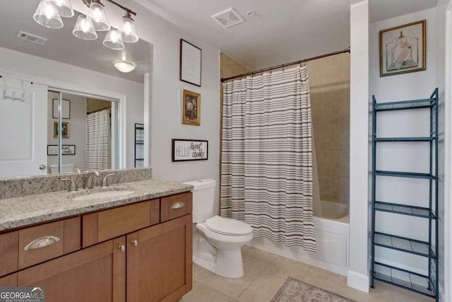 full bathroom with toilet, shower / tub combo, vanity, and tile patterned floors