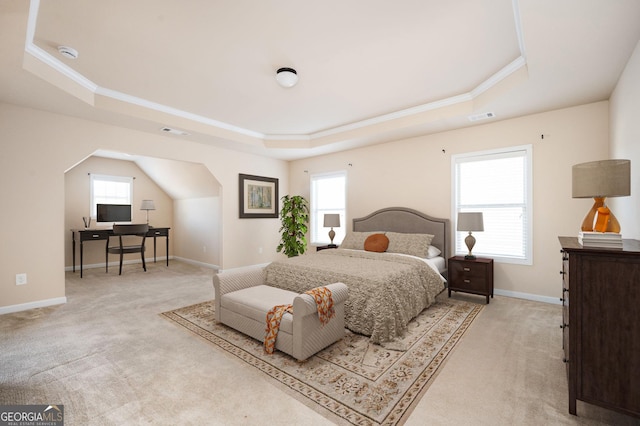 carpeted bedroom with a raised ceiling and multiple windows