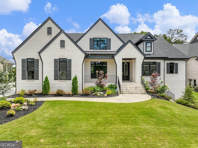 french provincial home featuring a front lawn and a porch