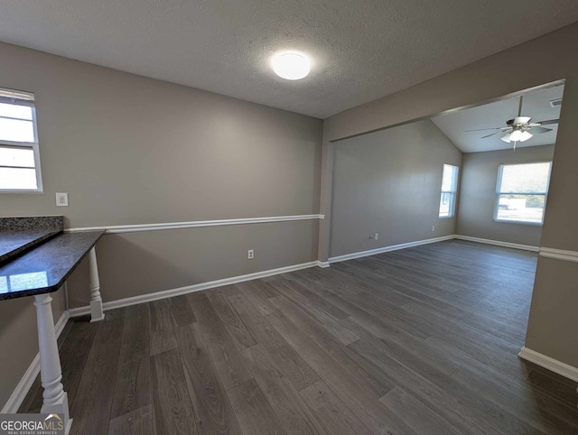 interior space featuring lofted ceiling, dark wood-type flooring, a textured ceiling, and ceiling fan