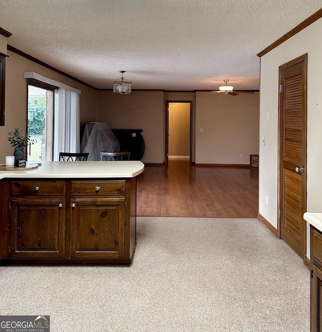 kitchen featuring light carpet, ceiling fan, ornamental molding, a textured ceiling, and dark brown cabinets