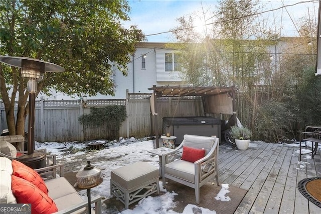 exterior space featuring a pergola and a hot tub