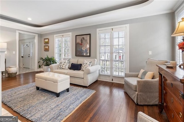 living room with dark wood-type flooring, a raised ceiling, and crown molding