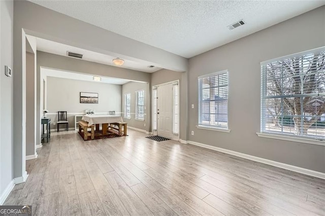 foyer with a textured ceiling, light hardwood / wood-style floors, and plenty of natural light