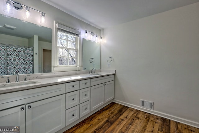 bathroom with wood-type flooring and vanity