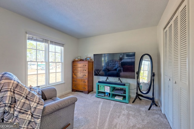 living area with a textured ceiling and light carpet