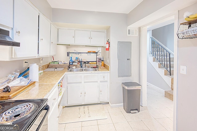 kitchen with light tile patterned floors, electric panel, tile countertops, white cabinets, and sink