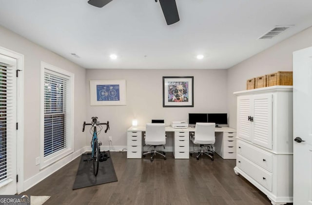 office space with ceiling fan and dark hardwood / wood-style floors