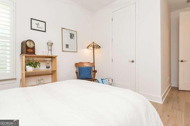 bedroom featuring light hardwood / wood-style floors and multiple windows