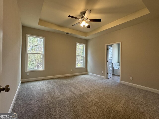 spare room featuring ceiling fan, carpet floors, a tray ceiling, and a wealth of natural light